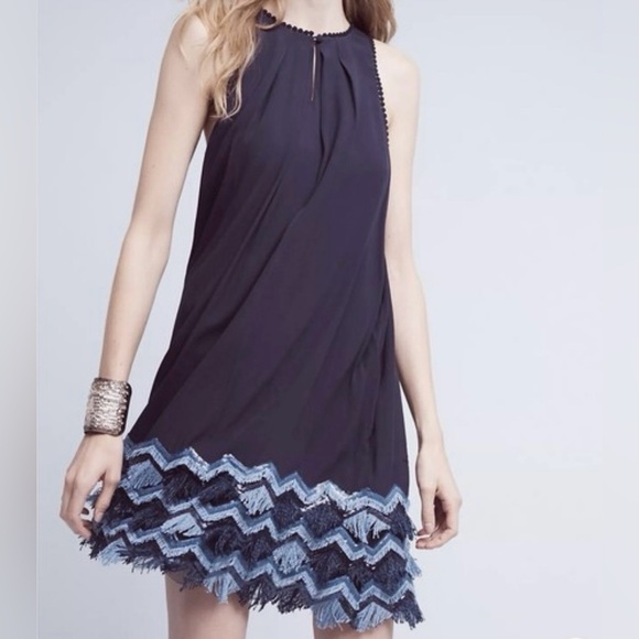 Anthropologie Maeve Festivity Swing Dress Navy with Tassels and Sequins - Picture 1 of 7